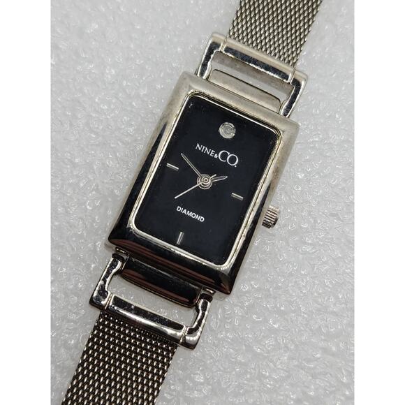 Nine & Co. Nine West Diamond Tank Silver Mesh Band Bracelet Milanese Watch VTG - Picture 1 of 7